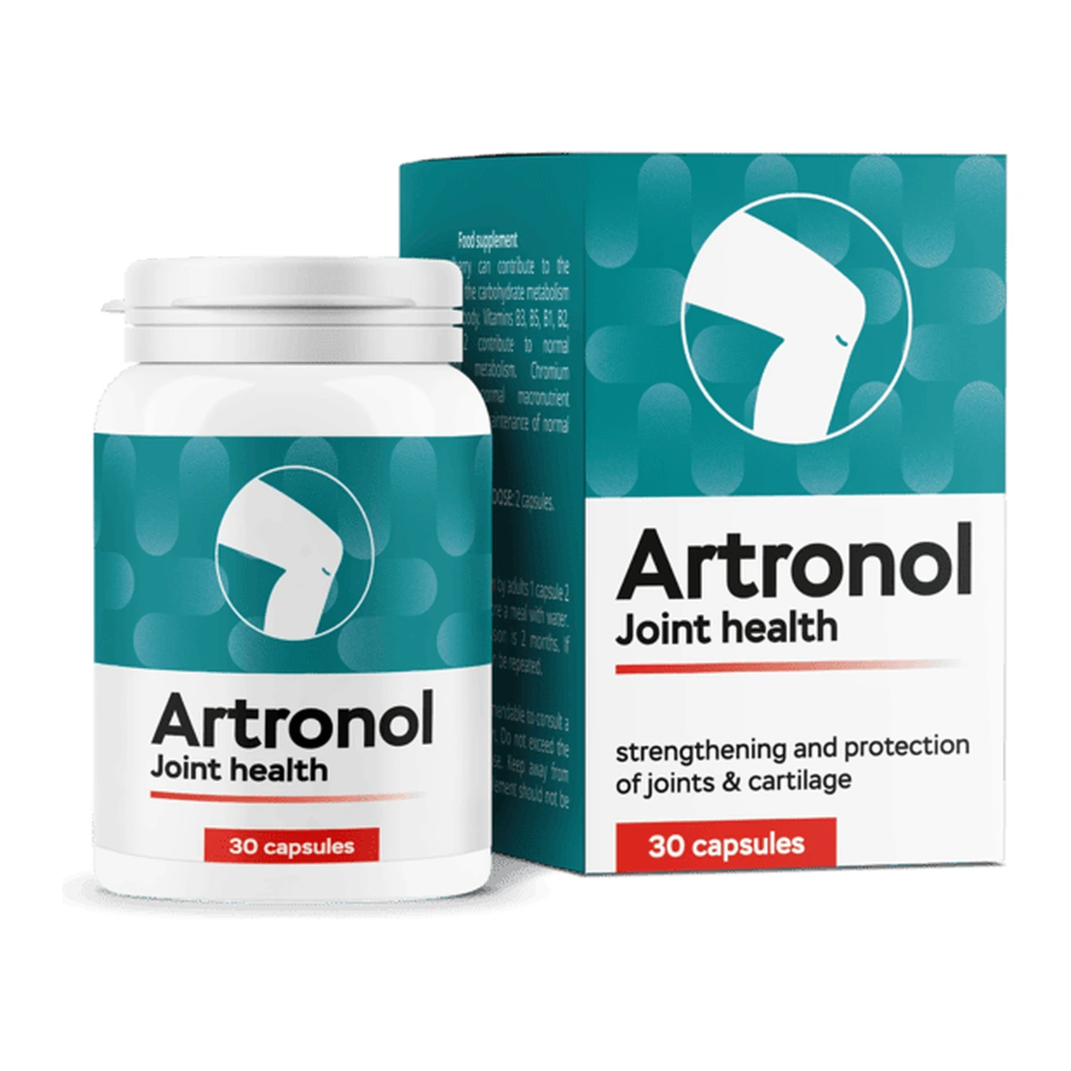 Envase y bote de Artronol con 30 cápsulas, complemento alimenticio con vitaminas B1, B2, B3, B5 y cromo para el cuidado diario de las articulaciones